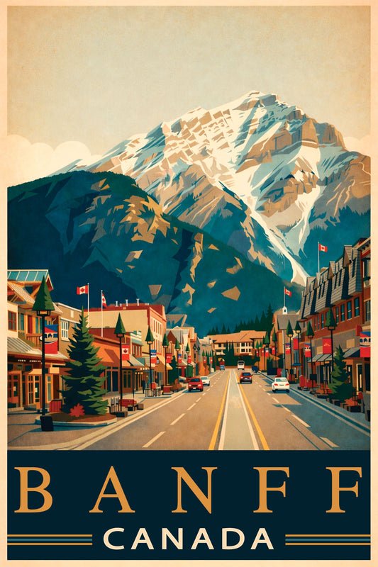 Banff Canada Vintage Travel Poster – Mountain Street Scene Wall Art