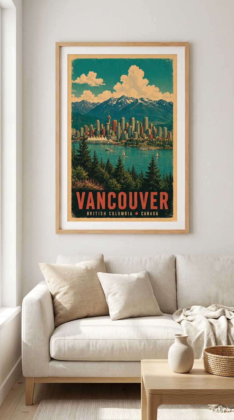 Vancouver British Columbia Skyline Vintage Wall Art Digital Download